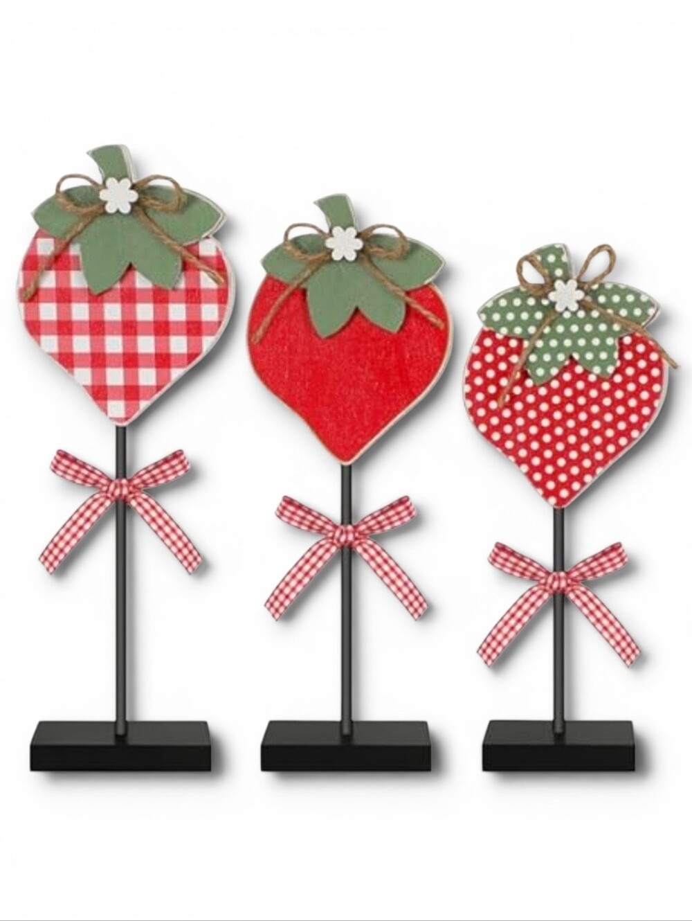 Strawberry Wooden Tiered Tray Tabletop Summer Décor Gingham Polka Dot